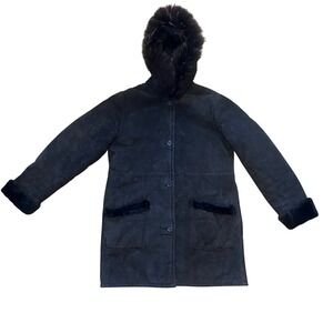 Marvin Richards Brown Raccoon Fur Leather Hooded Coat Suede Jacket Women's Large